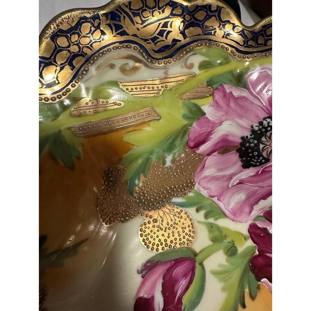 Antique Nippon Porcelain Bowl Poppy Flowers Pink Fuschia Gold Beading 11